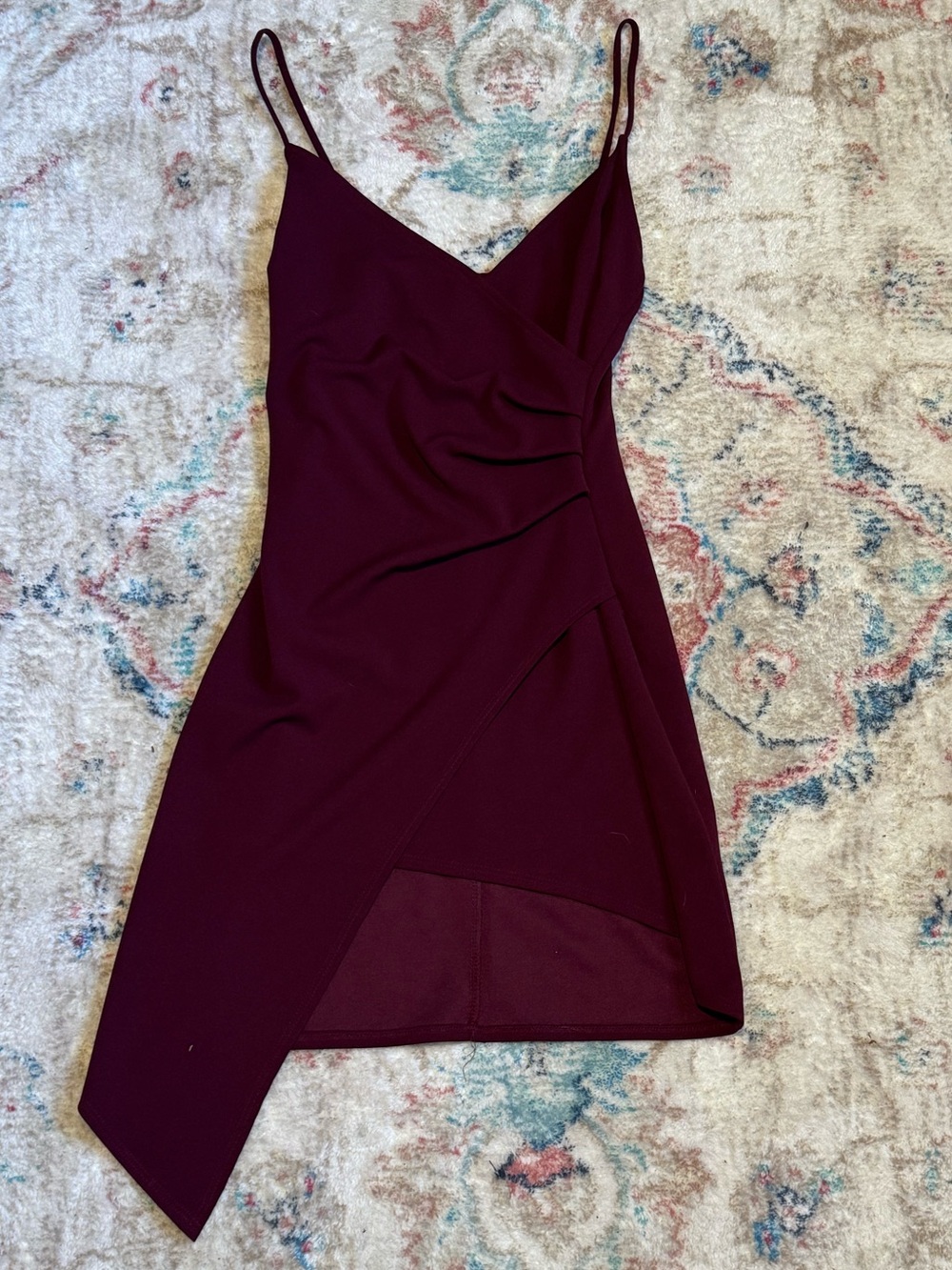 Asymmetrical Wine-Red Slip Dress with Draped Side